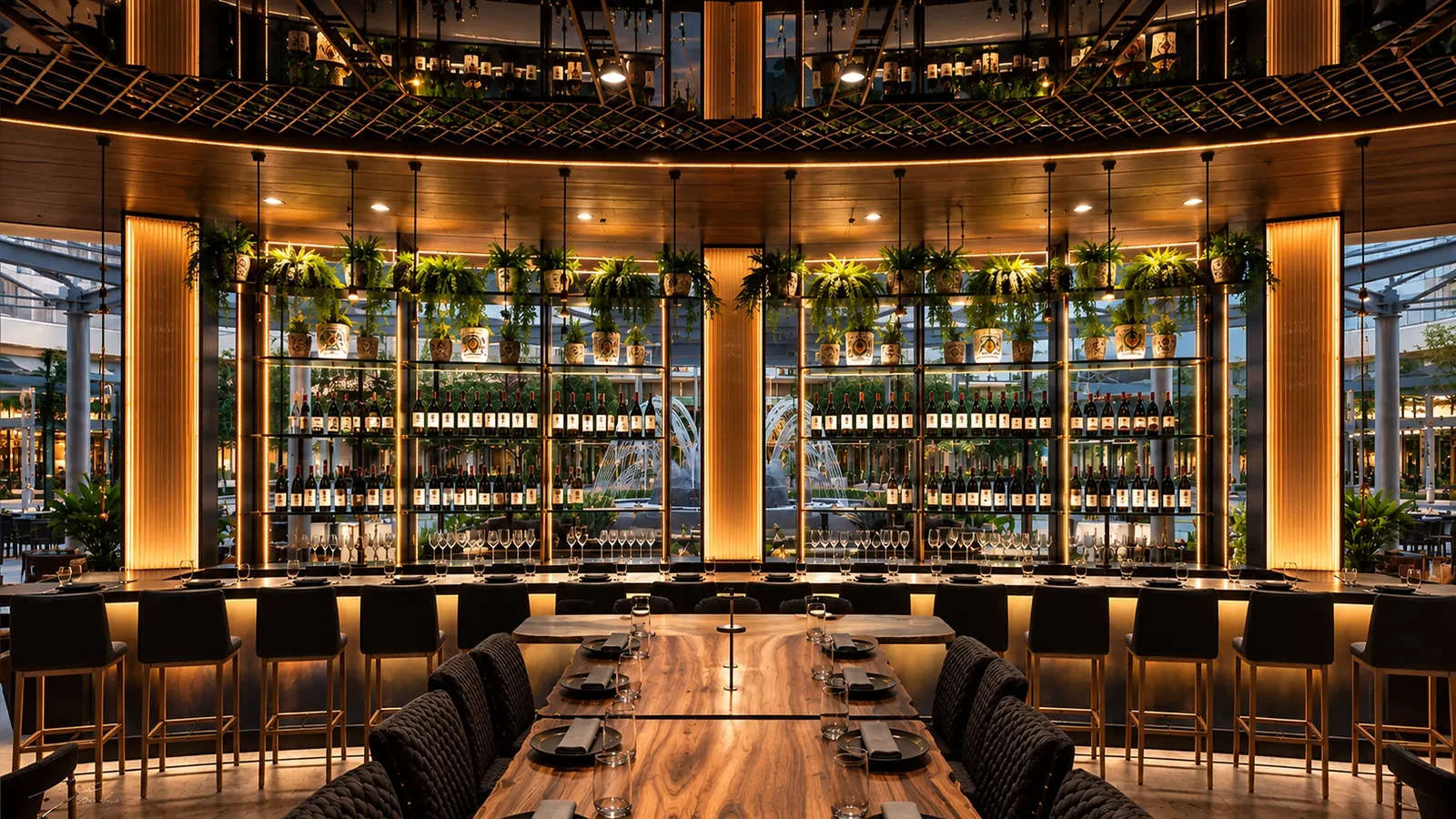 KYU Century Plaza dining room and illuminated bar with custom timber columns and bottle displays