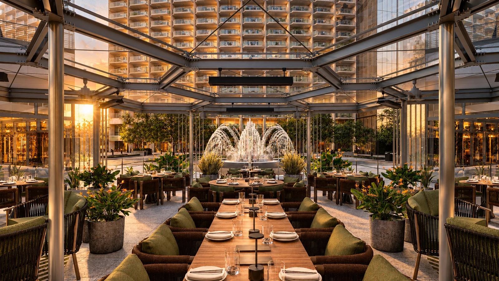 KYU Century Plaza outdoor dining patio framed by glass and steel with the courtyard fountain beyond